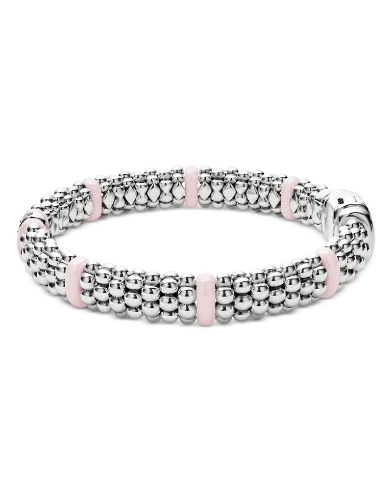 Sterling Silver Pink Caviar Diamond & Ceramic Bead Link Bracelet