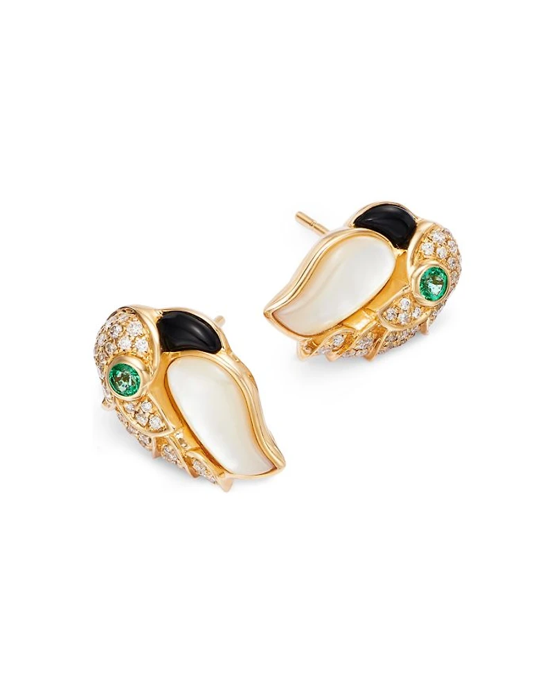 Emerald, Mother of Pearl, Onyx, & Diamond Bird Stud Earrings in 14K Yellow Gold