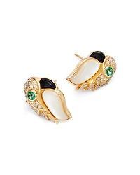 Emerald, Mother of Pearl, Onyx, & Diamond Bird Stud Earrings in 14K Yellow Gold