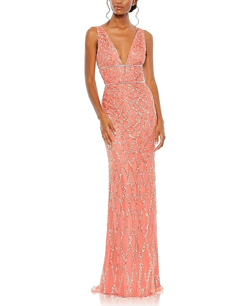 Mac Duggal Sequined Plunge Neck Sleeveless Column Gown