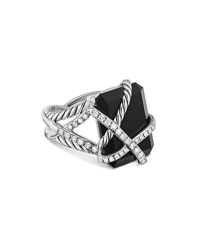 Cable Wrap Ring Sterling Silver with Black Onyx or Crystal & Diamonds, 0.60 tcw