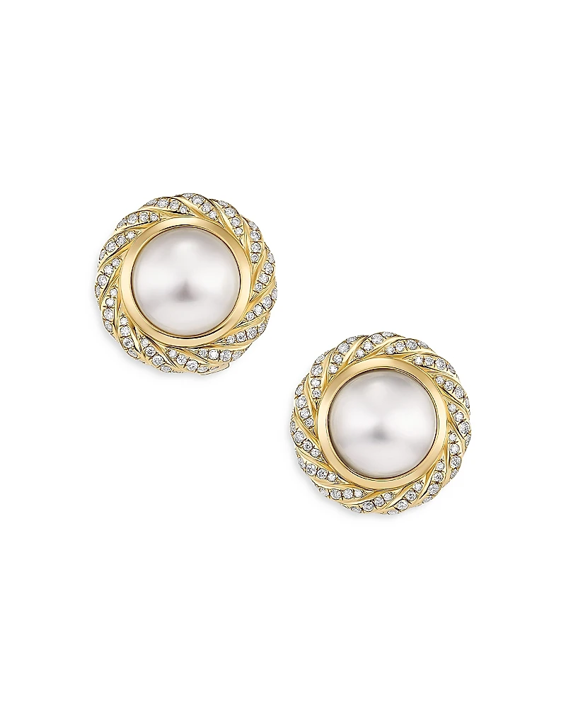 David Yurman 18K Yellow Gold Pearl South Sea White Pearl & Diamond Halo Button Stud Earrings