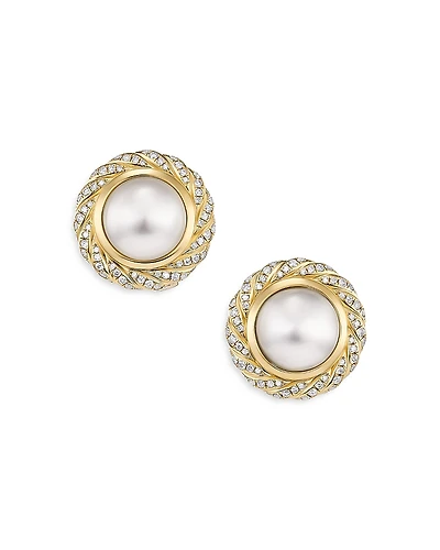 David Yurman 18K Yellow Gold Pearl South Sea White Pearl & Diamond Halo Button Stud Earrings