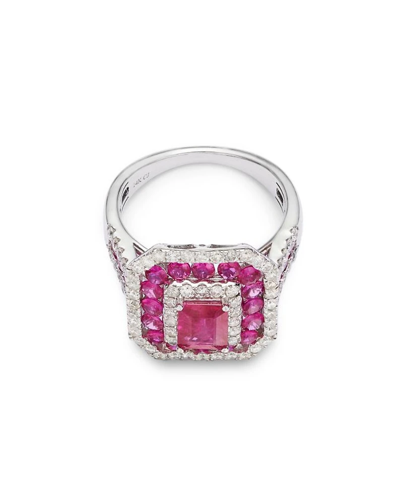 Ruby & Diamond Multi Halo Ring in 14K White Gold