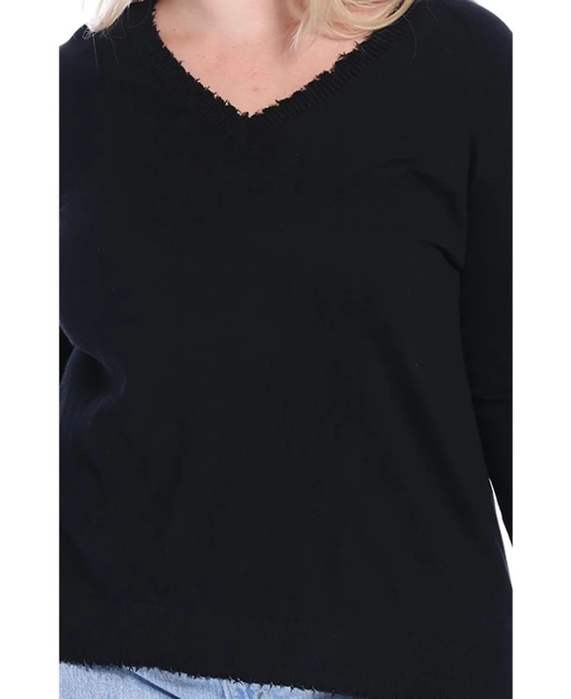 Plus Cotton Distressed Long Sleeve V-Neck Sweater