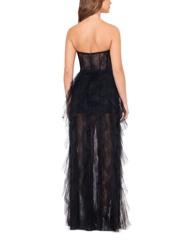Strapless Lace Tulle Ruffle Gown - Exclusive