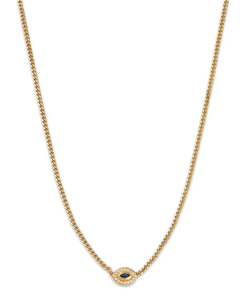 14K Yellow Gold Curb Chain Marquise Blue Sapphire Halo Necklace, 16"
