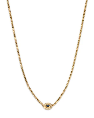14K Yellow Gold Curb Chain Marquise Blue Sapphire Halo Necklace, 16"