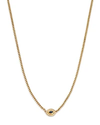 14K Yellow Gold Curb Chain Marquise Blue Sapphire Halo Necklace, 16"