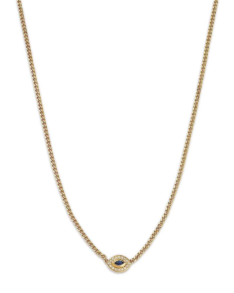 Zoe Chicco 14K Yellow Gold Curb Chain Marquise Blue Sapphire Halo Necklace, 16
