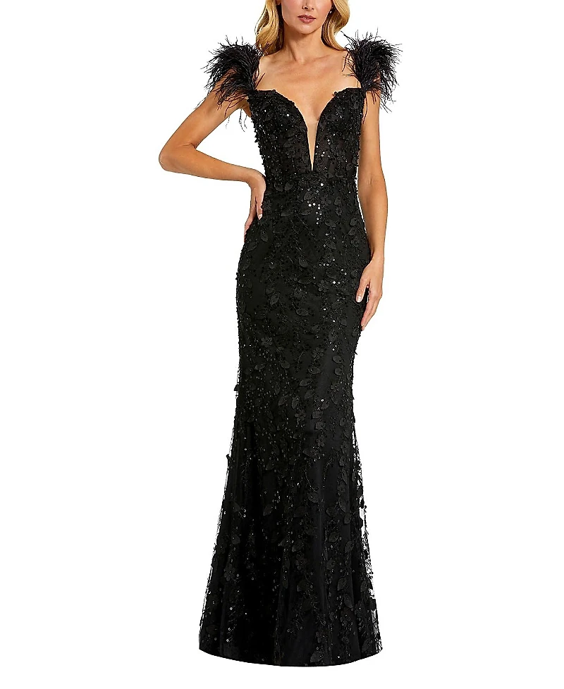 Mac Duggal Feather Straps Sheer Applique Bustier Gown