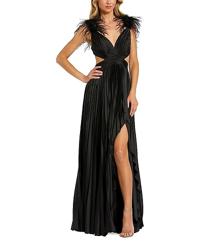 Mac Duggal Pleated Feather Cap Sleeve Open Back Gown