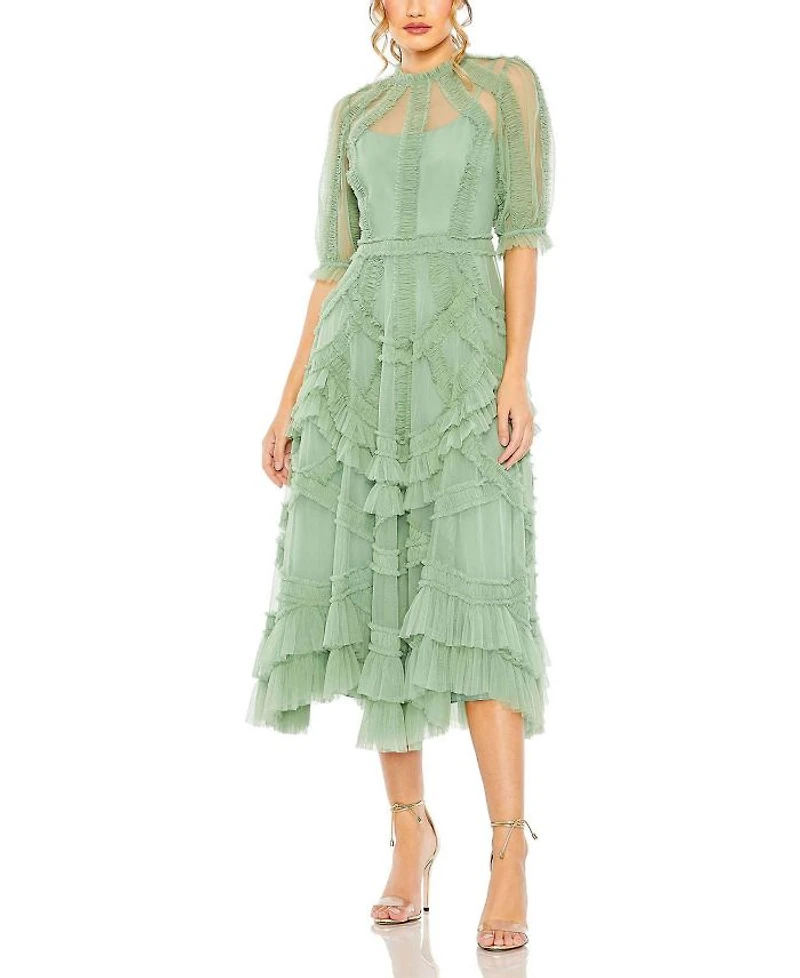 High Neck Puff Sleeve Ruffle Tiered Dress