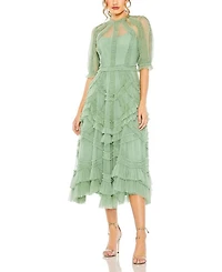 High Neck Puff Sleeve Ruffle Tiered Dress