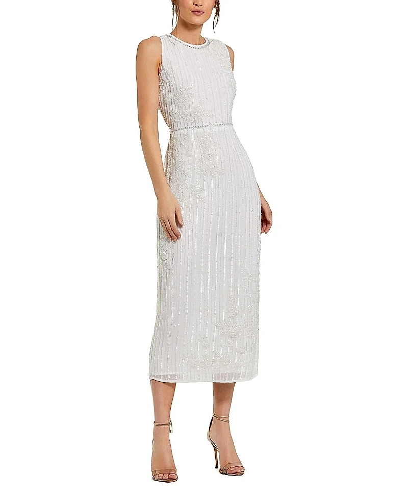 Mac Duggal Striped Floral Embellished Sleeveless Midi Dress