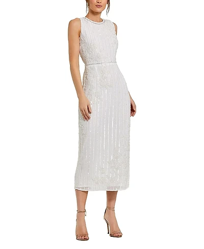 Mac Duggal Striped Floral Embellished Sleeveless Midi Dress