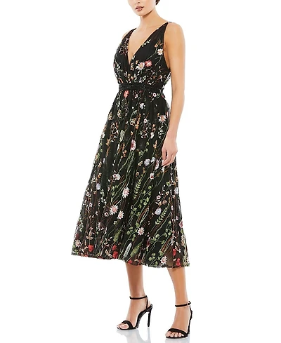 Mac Duggal V-Neck Floral Midi Dress