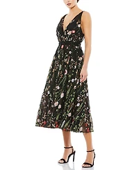 Mac Duggal V-Neck Floral Midi Dress
