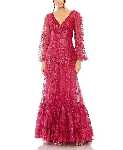 V Neck Puff Sleeve A Line Embroidered Gown