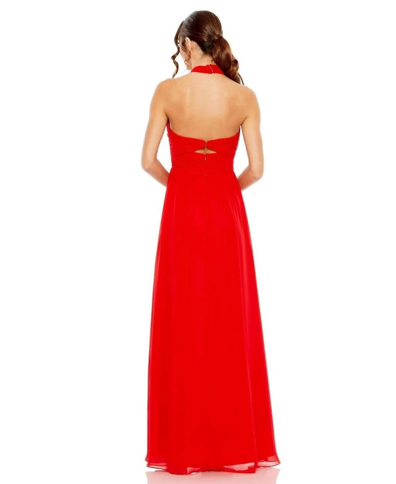 Ruched Halter Strap Keyhole Chiffon Gown