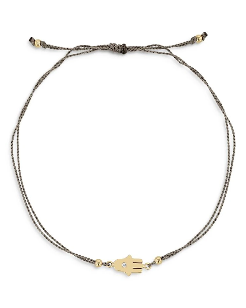 14K Yellow Gold Midi Bitty Diamond Hamsa Gray Silk Cord Bracelet