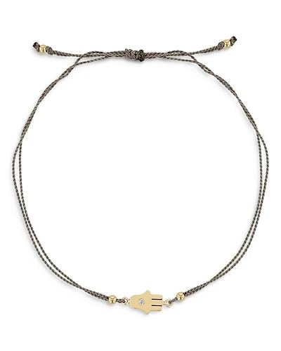 14K Yellow Gold Midi Bitty Diamond Hamsa Gray Silk Cord Bracelet