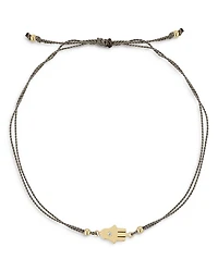 14K Yellow Gold Midi Bitty Diamond Hamsa Gray Silk Cord Bracelet