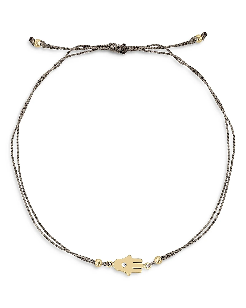 Zoe Chicco 14K Yellow Gold Midi Bitty Diamond Hamsa Gray Silk Cord Bracelet