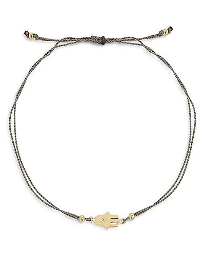 Zoe Chicco 14K Yellow Gold Midi Bitty Diamond Hamsa Gray Silk Cord Bracelet