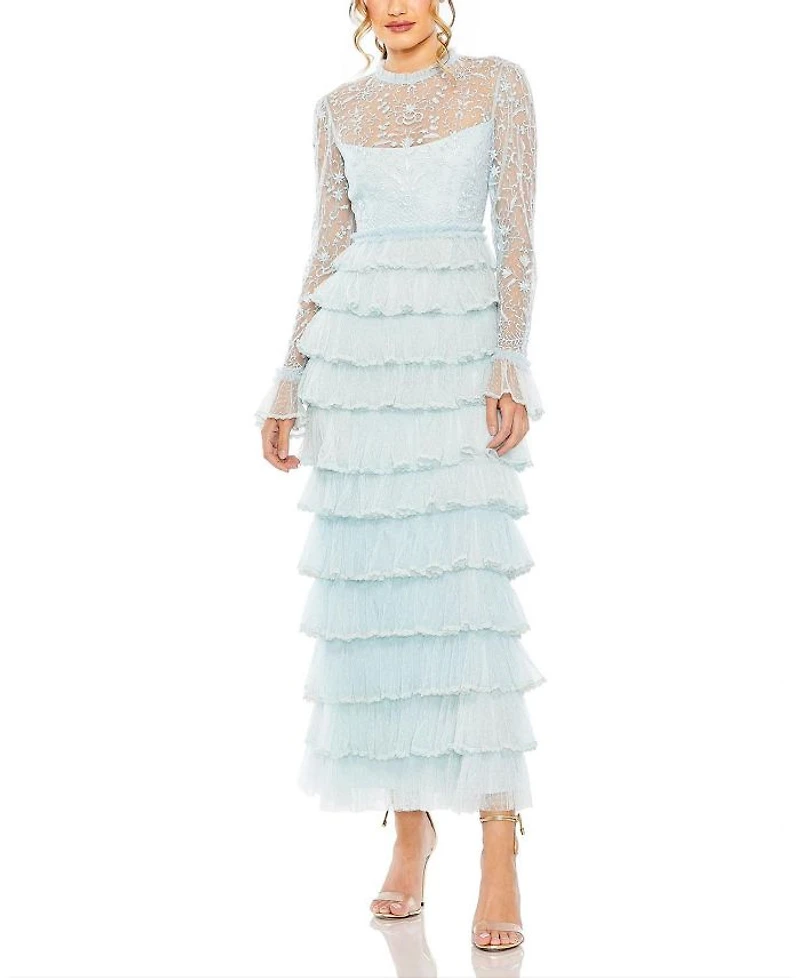 Embroidered Long Sleeve Ruffled Tiered Dress