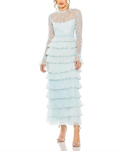 Embroidered Long Sleeve Ruffled Tiered Dress