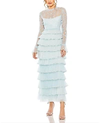 Embroidered Long Sleeve Ruffled Tiered Dress