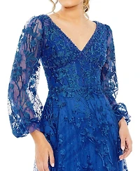 Puff Sleeve A Line Embellished Mesh Dress
