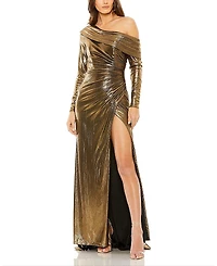 Mac Duggal Long Sleeve Off the Shoulder Metallic Gown
