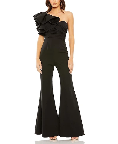 Mac Duggal One Shoulder Ruffle Detail Flare Pant Jumpsuit