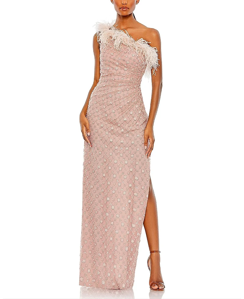 Mac Duggal Embellished One Shoulder Feathered Gown