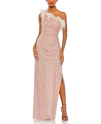 Mac Duggal Embellished One Shoulder Feathered Gown