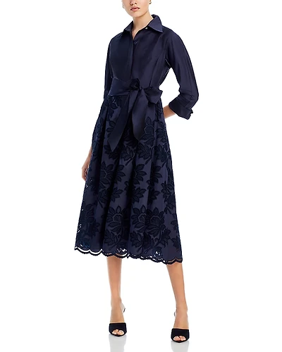 Teri Jon by Rickie Freeman Floral Eyelet Collared Midi Dress