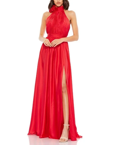 Soft Tie Halter Neck High Slit Gown