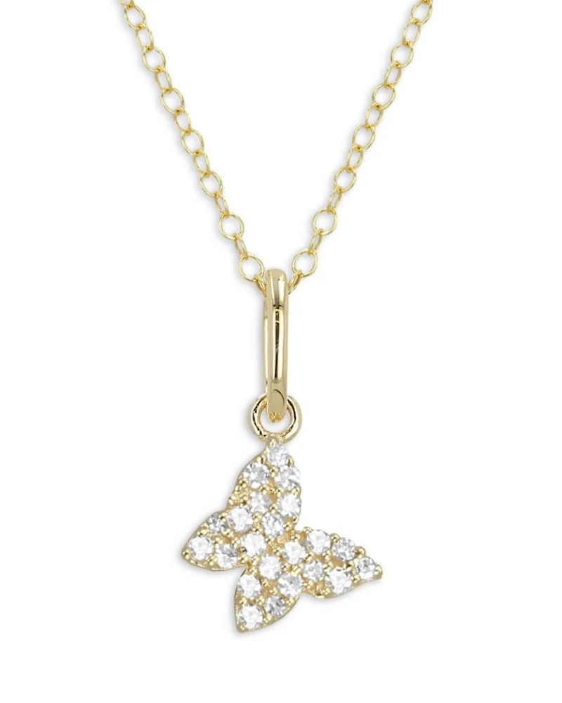 14K Yellow Gold Mini Butterfly Pendant Necklace with Diamonds, 0.1 tcw