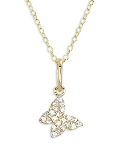 14K Yellow Gold Mini Butterfly Pendant Necklace with Diamonds, 0.1 tcw