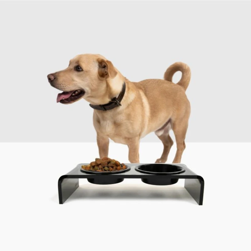 Small Smoke Grey Double Bowl Pet Feeder, 1 Pint Bowls