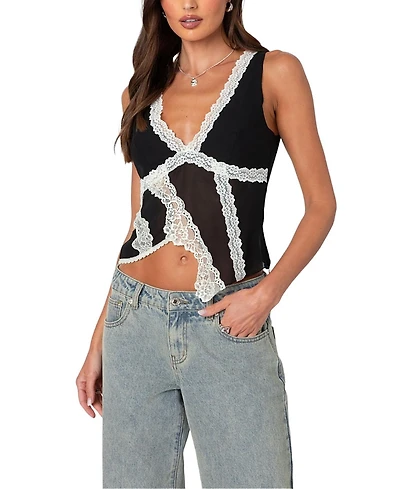 Edikted Chiffon & Lace Sheer Asymmetric Top