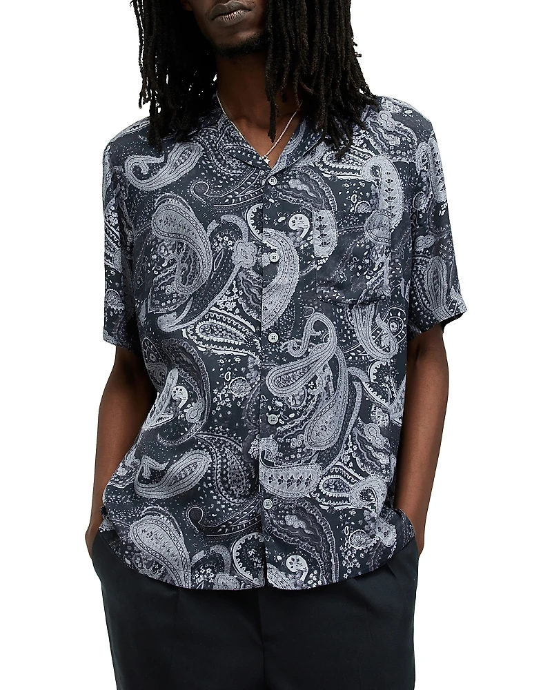 Allsaints Zowie Relaxed Fit Printed Short Sleeve Camp Shirt