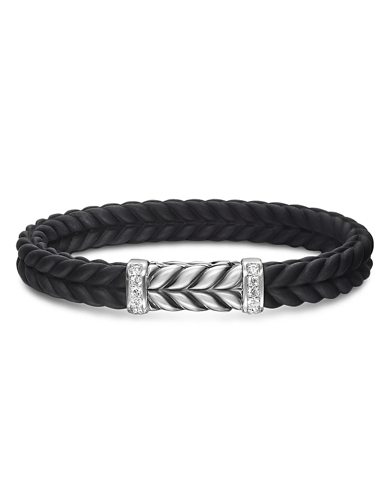 David Yurman Men's Sterling Silver Chevron Diamond Wide Woven Black Rubber Bracelet