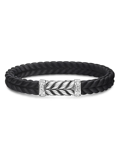 David Yurman Men's Sterling Silver Chevron Diamond Wide Woven Black Rubber Bracelet