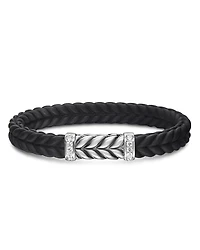 David Yurman Men's Sterling Silver Chevron Diamond Wide Woven Black Rubber Bracelet