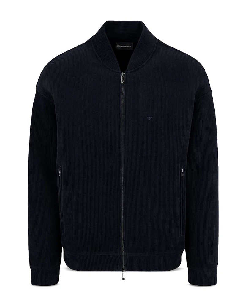 Cotton Blend Velour Ribbed Regular Fit Bomber Jacket