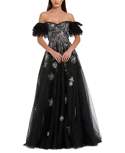 Mac Duggal Tulle Off The Shoulder Sequin & Beaded Detail Gown