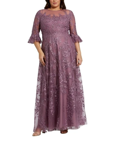 High Neck Flutter Sleeve Embroidered A Line Gown